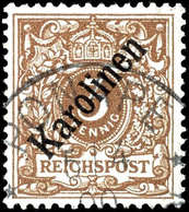 3 Pfennig Krone/Adler Mit Diagonalem Aufdruck "KAROLINEN", Tadellos, Gestempelt "PONAPE", Geprüft Pauligk, Michel 850,-, - Karolinen