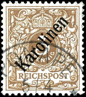 3 Pfennig Krone/Adler Mit Diagonalem Aufdruck "Karolinen", Tadellos, Gestempelt "PONAPE", Michel 850,-, Katalog: 1I O - Isole Caroline