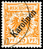 25 Pf Diagonalaufdruck Tadellos Gestempelt "DEUTSCHE SEEPOST NEU-GUINEA-ZWEIGLINIE * A (HONGKONG) .. 9 00", Dopp. Tiefst - Carolines