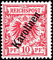 10 Pfennig Krone/Adler Mit Aufdruck "Karolinen", Gelblichorange Quarzend, Tadellos Ungebraucht, Michel 260,-, Katalog: 3 - Isole Caroline