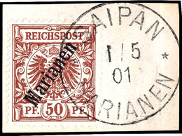 Krone/Adler 3 Bis 50 Pfennig Steiler Aufdruck "MARIANEN", Tadellos Auf Briefstück, Stempel "SAIPAN MARIANEN" In Der Gute - Marianen