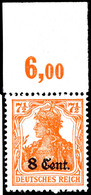 8 Cent Auf 7 1/2 Pfg Germania Dunkelrötlichorange, Oberrandstück, Plattendruck, Tadellos Postfrisch, Gepr. Hey BPP, Mi.  - Other & Unclassified