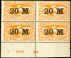 20 Mark Auf 80 Pfennig, Postfrischer Viererblock Aus Der Linken Unteren Bogenecke, Dort Mit Kompletten Druckdatum J 702  - Sonstige & Ohne Zuordnung