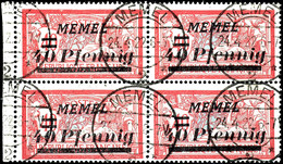 40 Pfennig Auf 40 Centimes, Zeitgerecht Gestempelter Rand-Viererblock (Rand Beschnitten), Linke Obere Marke Mit Aufdruck - Memel (Klaïpeda) 1923