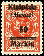 50 Markus Auf 25 C., Postfrisch, Marke Mit Doppeltem Aufdruck, Bestens Geprüft Klein BPP, Mi.200,-, Katalog: 131DDI ** - Memel (Klaïpeda) 1923