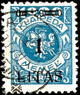 1 Litas Cent. Auf 1000 M., Gestempelt Mit Aufdruckfehler "Zierbalken Ausgebrochen", Bestens Geprüft Klein BPP, Mi.550,-, - Memel (Klaïpeda) 1923