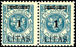 1 Litas Auf 1000 Mark, Postfrisches Waagerechtes Paar, Type I/II (6), Geprüft Klein BPP, Mi.900,-, Katalog: 182W1 ** - Memel (Klaipeda) 1923