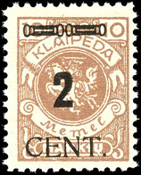 2 Cent. Auf 10 M. Postfrisch Mit Plattenfehler "1 Statt I In Markiu", Bestens Geprüft Klein BPP, Mi.350,-, Katalog: 183I - Klaipeda 1923