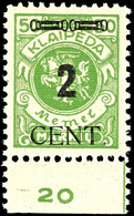 2 Cent. Auf 50 M., Postfrisch Vom Unterrand (Falz Nur Im Unterrand) Mit Aufdruckfehler "Weiter Abstand Zwischen Wertziff - Memel (Klaïpeda) 1923