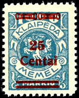 25 Centai Auf 1000 M., Postfrisch In Type III, Fotobefund Klein VPP "echt, Einwandfrei", Mi.700,-, Katalog: 221III ** - Memel (Klaipeda) 1923