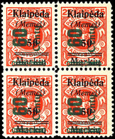 60 Centu Auf 50 M. Auf 25 C.., Postfrischer Viererblock, Linke Obere Marke In Type I, Alle Anderen Type III, Kurzbefund  - Memel (Klaipeda) 1923