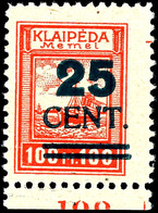 25 Cent. Auf 100 M. Grünaufdruck, Postfrisch Vom Unterrand In Type II, Fotoattest Huylmans BPP "echt, Rückseitig Oben Re - Memel (Klaïpeda) 1923