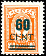 60 Cent. Auf 500 M. Grünaufdruck, Postfrisch In Type I, Kurzbefund Huylmans BPP "echt, Einwandfrei", Mi.700,-, Katalog:  - Klaipeda 1923