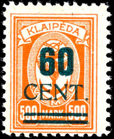 60 Cent. Auf 500 M. Grünaufdruck, Postfrisch In Type I, Kurzbefund Huylmans BPP "echt, Einwandfrei", Mi.700,-, Katalog:  - Memel (Klaïpeda) 1923