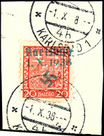 20 H. Wappen Mit Aufdruck "Karlsbad1.X.1938 + Hakenkreuz" Auf Briefstück Mit Ersttagsstempel "KARLSBAD 1.X.38", Gut Gezä - Other & Unclassified