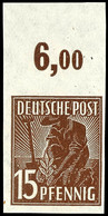 15 Pfg Arbeiter, Abart "ungezähnt", Oberrandstück, Tadellos Postfrisch, Mi. 200.-, Katalog: 948U ** - Sonstige & Ohne Zuordnung