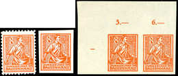 8+22 Pf. Orange, Probedrucke 24P I (ungebraucht), 24 P IU (**) Und 24 P IIU Als Waager. Linkes Oberes Eckrandpaar (o.G.  - Other & Unclassified