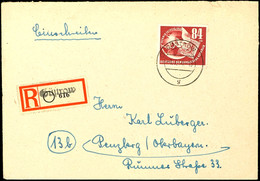 84 + 41 Pfg Deutsche Briefmarkenausstellung DEBRIA Auf R-FDC Von "(3) GÜSTROW 1.7.50" Nach Penzberg, Rechts Ein Verkürzt - Altri & Non Classificati