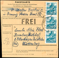 80 Pfg Fünfjahrplan, Offsetdruck, Senkrechter 3er-Streifen Auf Paketkarte Von "KAMENZ (SACHS.) 7.7.54" Nach Rosenberg B. - Other & Unclassified