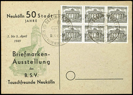 1 Pfg Berliner Bauten, Sechserblock Auf Blanko-Karte Mit Entwertung "BERLIN NEUKÖLLN 1.4.49", Bogenfelder 1 - 3 Und 11 - - Other & Unclassified