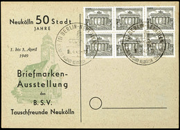 1 Pfg Berliner Bauten, Sechserblock Auf Blanko-Karte Mit Entwertung "BERLIN NEUKÖLLN 1.4.49", Bogenfelder 44 - 46 Und 54 - Autres & Non Classés