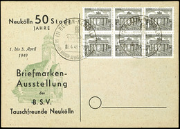 1 Pfg Berliner Bauten, Sechserblock Auf Blanko-Karte Mit Entwertung "BERLIN NEUKÖLLN 1.4.49", Bogenfelder 61 - 63 Und 71 - Autres & Non Classés