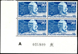 30 Pfg Stephan, Eckrandviererblock Unten Links Mit Bogennummer "A 019809 *", Tadellos Postfrisch, Mi. 280.-++, Katalog:  - Autres & Non Classés