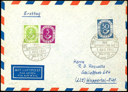 2, 5 Und 30 Pfg Posthorn Auf Luftpost-FDC Mit ESST "(16) FRANKFURT (MAIN) 1. AUG 1951" Nach Wuppertal, Tadellos, Mi. 220 - Sonstige & Ohne Zuordnung