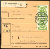 90 Pfg Posthorn, Senkrechtes Paar Und Einzelwert (rückseitig) Auf Paketkarte Von "BLÖDESHEIM über ALZEY 25.1.54" Nach Li - Autres & Non Classés