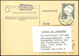 10 Pfg Kriegsgefangenenmarke Auf Portogerechter Postkarte Von "SPEYER 14.8.53" In Die DDR, Vom Postamt Hannover Angehalt - Sonstige & Ohne Zuordnung