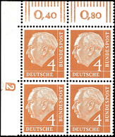 4 Pfg Heuss, Eckrandviererblock Oben Links, Walzendruck, Druckerzeichen "2" Negativ, Tadellos Postfrisch, Mi. 100.-+, Ka - Sonstige & Ohne Zuordnung