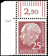 25 Pfg Heuss, Eckrandstück Oben Links, Walzendruck, Druckerzeichen "3" Positiv, Tadellos Postfrisch, Mi. 180.-, Katalog: - Other & Unclassified