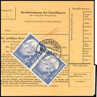 2 DM Heuss, Waagerechtes Paar, Zusammen Mit 10 Pfg Und 1 DM Heuss (rückseitig) Auf Paketkarte Von "OBERBRÜGGE 18.12.58"  - Other & Unclassified