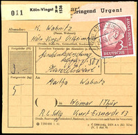 3 DM Heuss Auf Express-Paketkarte Von "(22c) KÖLN-VINGST 23.10.61" Nach Weimar, Tadellose Erhaltung, Nicht Häufige Einze - Other & Unclassified