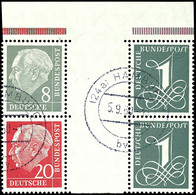 Heuss Und Ziffer 1958/60, Zusammendrucke 8 + Z + 1 Mit 20 + Z + 1 Mit Oberrand, Zwischenstege In Type B, Tadellos Gestem - Zusammendrucke