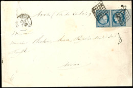 1850, 25 C. Blau, Kehrdruckpaar, Allseits Vollrandig Wirkend Vom Bogenrand, Entwertet Mit Gitter-Rautenstempel Auf Brief - Autres & Non Classés