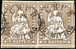 1854, 5 Rp. Sitzende Helvetia, Braun, Waagerechtes Paar, Allseits Weißrandig - Unten Und Rechts Mit Teilen Der Nebenmark - Sonstige & Ohne Zuordnung