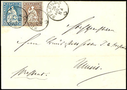 1857, 5 Rp. Sitzende Helvetia, Braun Und 10 Rp. Sitzende Helvetia, Blau Als Portogerechte Frankatur Auf Brief Von "SPLÜG - Altri & Non Classificati