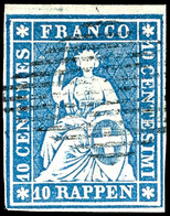 1855, 10 Rp. Sitzende Helvetia, Blau, Berner Druck, Weißrandiges Kabinettstück In Farbfrischer Erhaltung, Vom Oberrand,  - Sonstige & Ohne Zuordnung