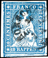 1855, 10 Rp. Sitzende Helvetia Blau, Weißrandiges Kabinettstück Mit Entwertung Durch Ortsstempel "RORSCHACH", Fotoattest - Autres & Non Classés