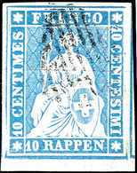 1855, 10 Rp. Sitzende Helvetia, Milchblau, Weißrandiges Kabinettstück In Farbfrischer Erhaltung, Vom Bogenunterrand, Ent - Autres & Non Classés