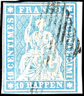 1855, 10 Rp. Hellgrünlichblau, Berner Druck Auf Mittelstarkem Münchner Papier Mit Hellrotem Seidenfaden, Allseits Voll-  - Sonstige & Ohne Zuordnung