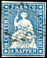 1856, 10 Rp. Sitzende Helvetia, Blau, Grüner Seidenfaden, Weißrandiges Und Farbfrisches Kabinettstück Mit Unterem Bogenr - Sonstige & Ohne Zuordnung