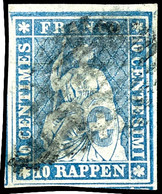 1856, 10 Rp. Blau, 1 Bernerdruck Auf Dünnem, Stärkefreiem Münchnerpapier, Grüner Seidenfaden, Weißrandiger Schnitt, Tade - Sonstige & Ohne Zuordnung