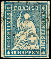 1859, 10 Rp. Blau, Sitzende Helvetia, Letzte Druckperiode, Allseits Voll- Bis Breitrandiger - Somit Weißrandiger Schnitt - Sonstige & Ohne Zuordnung