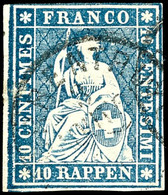 1857, 10 Rp. Sitzende Helvetia, Berner Druck, Letzte Druckperiode, Mit Plattenfehler II "farblose Punktierte Linie ("Kom - Sonstige & Ohne Zuordnung