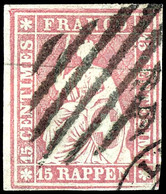 1857, 15 Rp. Sitzende Helvetia, Mattrosa, Weißrandiges Kabinettstück Von Der Bogenecke Oben Links, Entwertet Mit Schwarz - Sonstige & Ohne Zuordnung