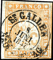 1855, 20 Rp. Sitzende Helvetia, Orangegelb, Weißrandiges Kabinettstück Vom Linken Bogenrand, Klar Gestempelt "St. Gallen - Sonstige & Ohne Zuordnung