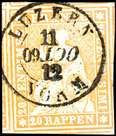 1857, 20 Rp. Sitzende Helvetia, Gelborange, Voll. Bis Weißrandiges Kabinettstück, Zentrisch Gestempelt "LUZERN 11 OCT",  - Sonstige & Ohne Zuordnung