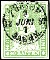 1855, 40 Rp. Grünlicholiv, Weißrandiges Und Farbfrisches Kabinettstück, Zentrisch Gestempelt "ZÜRICH", Fotobefund Berra- - Sonstige & Ohne Zuordnung